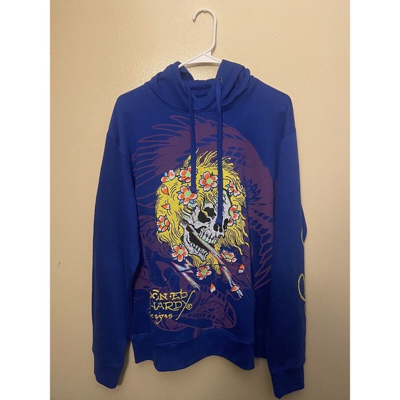 Ed Hardy Other - Ed Hardy Graphic Skull Blue Yellow Hoodie Sweatshirt Mens Size Medium